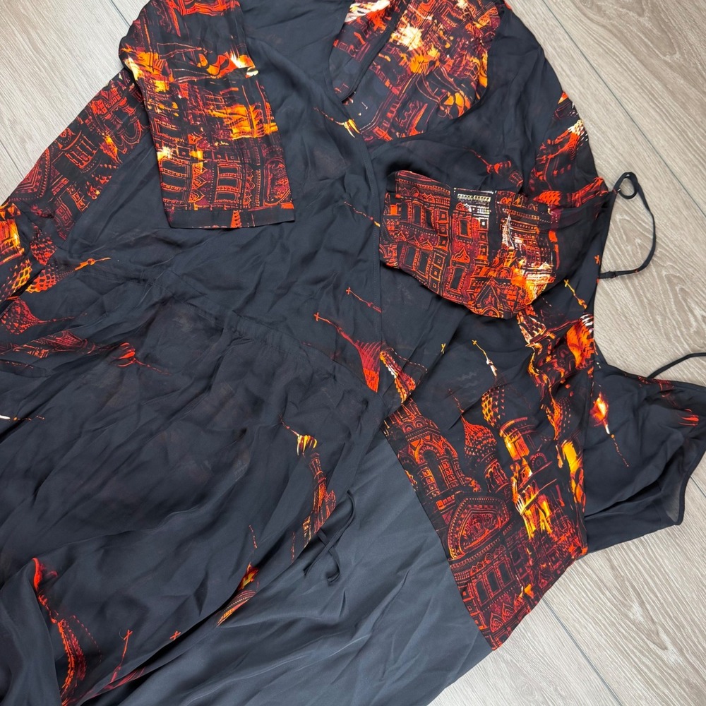 Stylein Womens Silk Maxi Dress City Print Black Orange Large